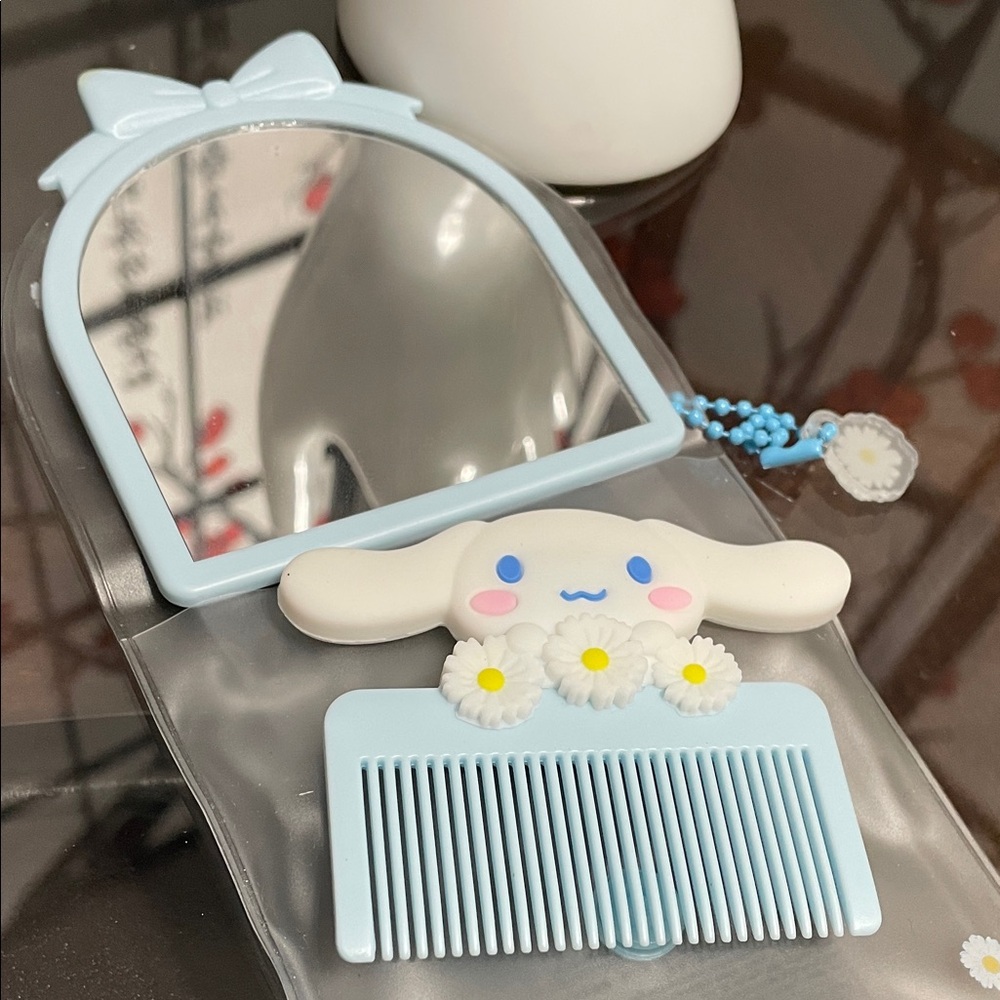 Sanrio Cinnamoroll Blue Handheld Mirror and Comb Set with Daisy Accents